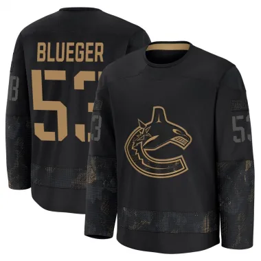 Blue Youth Teddy Blueger Premium Vancouver Canucks Black 2024 Military Appreciation Practice Jersey