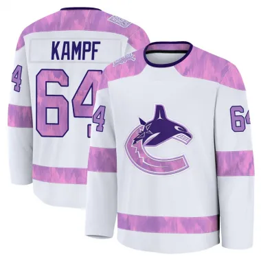White Men's David Kampf Premium Vancouver Canucks 2024 Hockey Fights Cancer Practice Jersey