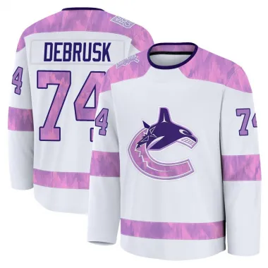 White Men's Jake DeBrusk Premium Vancouver Canucks 2024 Hockey Fights Cancer Practice Jersey