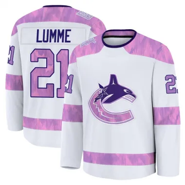 White Men's Jyrki Lumme Premium Vancouver Canucks 2024 Hockey Fights Cancer Practice Jersey