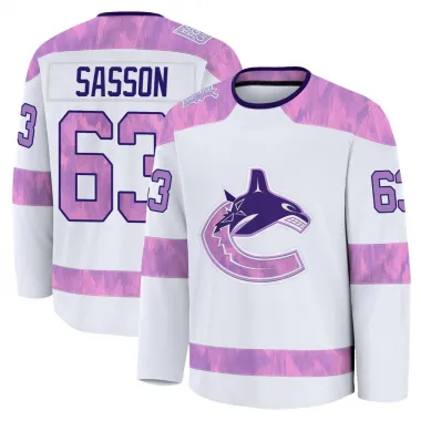 White Men's Max Sasson Premium Vancouver Canucks 2024 Hockey Fights Cancer Practice Jersey