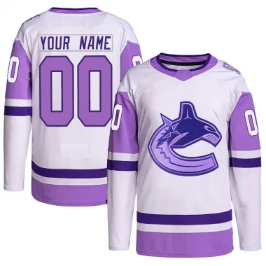 White/Purple Men's Custom Authentic Vancouver Canucks Hockey Fights Cancer Primegreen Jersey