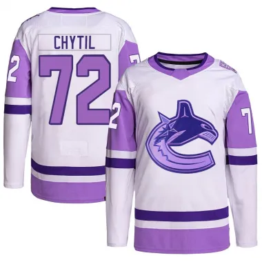White/Purple Men's Filip Chytil Authentic Vancouver Canucks Hockey Fights Cancer Primegreen Jersey