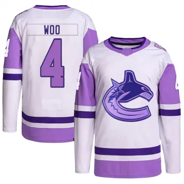 White/Purple Men's Jett Woo Authentic Vancouver Canucks Hockey Fights Cancer Primegreen Jersey