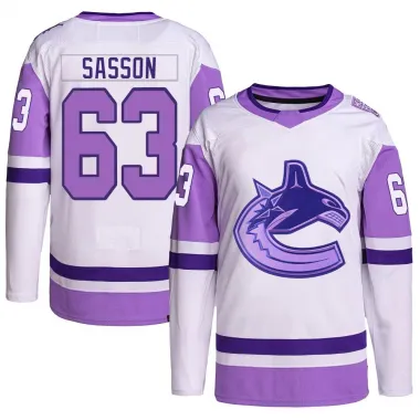 White/Purple Men's Max Sasson Authentic Vancouver Canucks Hockey Fights Cancer Primegreen Jersey