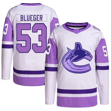 White/Purple Men's Teddy Blueger Authentic Vancouver Canucks Hockey Fights Cancer Primegreen Jersey