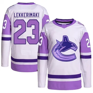 White/Purple Youth Jonathan Lekkerimaki Authentic Vancouver Canucks Hockey Fights Cancer Primegreen Jersey