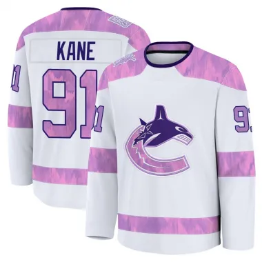 White Youth Evander Kane Premium Vancouver Canucks 2024 Hockey Fights Cancer Practice Jersey