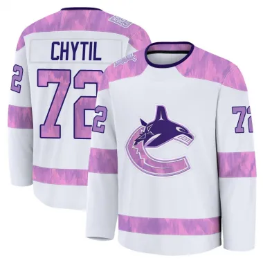 White Youth Filip Chytil Premium Vancouver Canucks 2024 Hockey Fights Cancer Practice Jersey