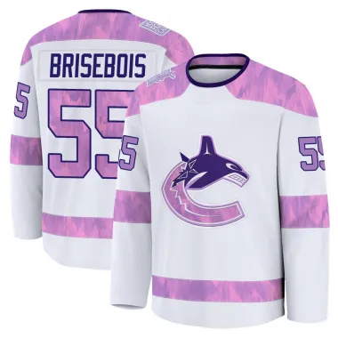 White Youth Guillaume Brisebois Premium Vancouver Canucks 2024 Hockey Fights Cancer Practice Jersey