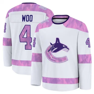 White Youth Jett Woo Premium Vancouver Canucks 2024 Hockey Fights Cancer Practice Jersey