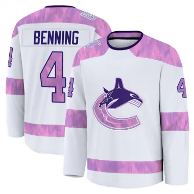 White Youth Jim Benning Premium Vancouver Canucks 2024 Hockey Fights Cancer Practice Jersey