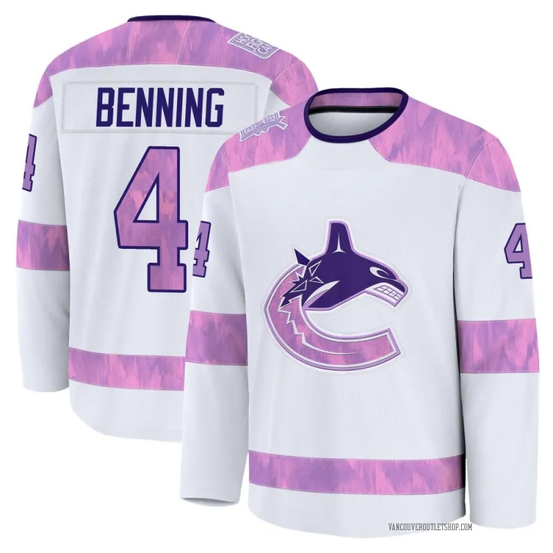 White Youth Jim Benning Premium Vancouver Canucks 2024 Hockey Fights Cancer Practice Jersey