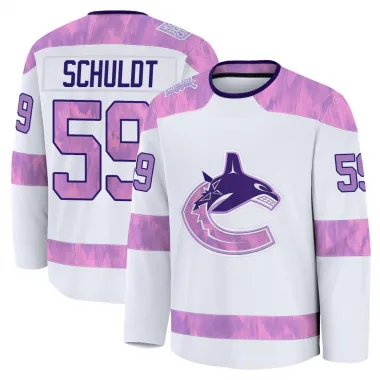 White Youth Jimmy Schuldt Premium Vancouver Canucks 2024 Hockey Fights Cancer Practice Jersey