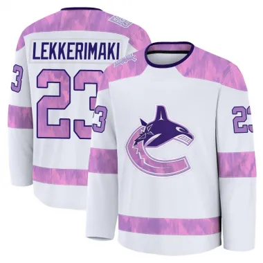 White Youth Jonathan Lekkerimaki Premium Vancouver Canucks 2024 Hockey Fights Cancer Practice Jersey