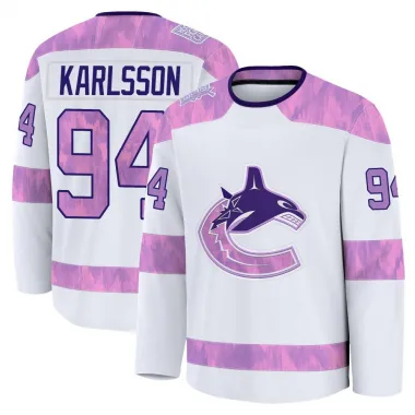 White Youth Linus Karlsson Premium Vancouver Canucks 2024 Hockey Fights Cancer Practice Jersey