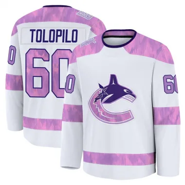 White Youth Nikita Tolopilo Premium Vancouver Canucks 2024 Hockey Fights Cancer Practice Jersey
