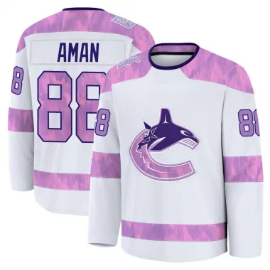White Youth Nils Aman Premium Vancouver Canucks 2024 Hockey Fights Cancer Practice Jersey