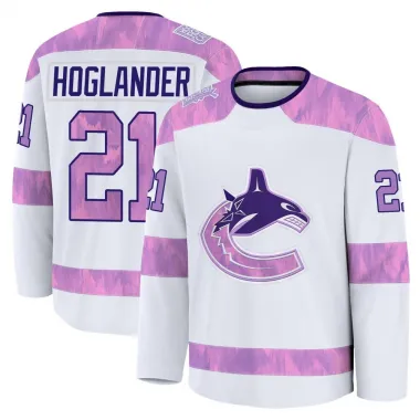 White Youth Nils Hoglander Premium Vancouver Canucks 2024 Hockey Fights Cancer Practice Jersey