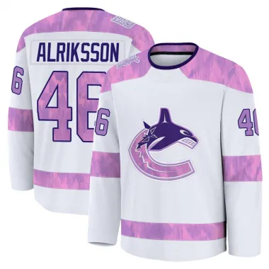 White Youth Vilmer Alriksson Premium Vancouver Canucks 2024 Hockey Fights Cancer Practice Jersey